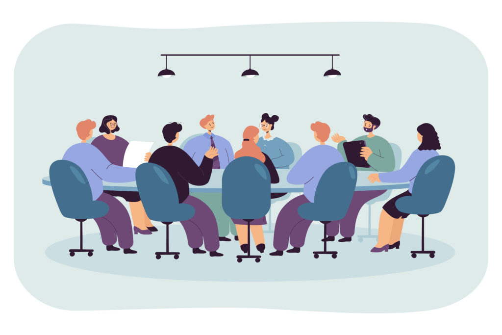 Illustration of a group of people meeting around a table